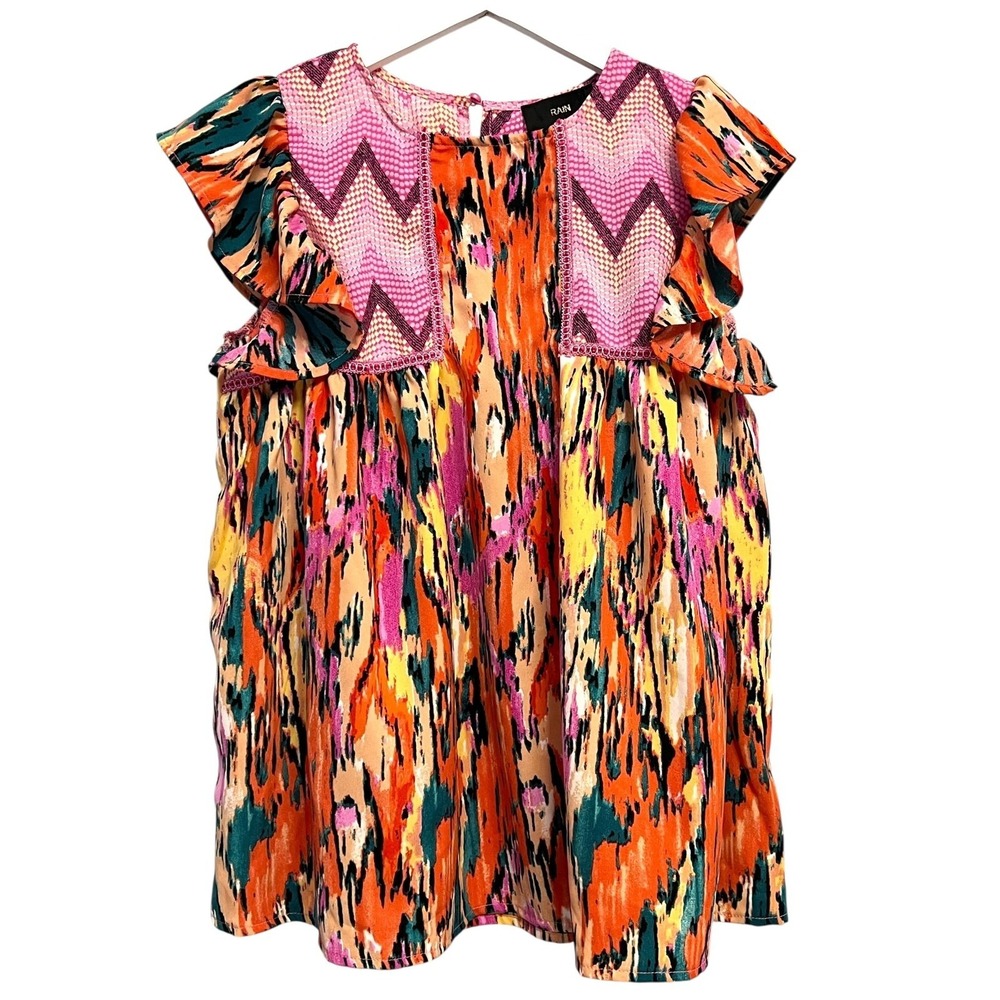 RAIN Women's Boho Ruffle Sleeve Top Size Medium Vibrant Abstract Print NWT